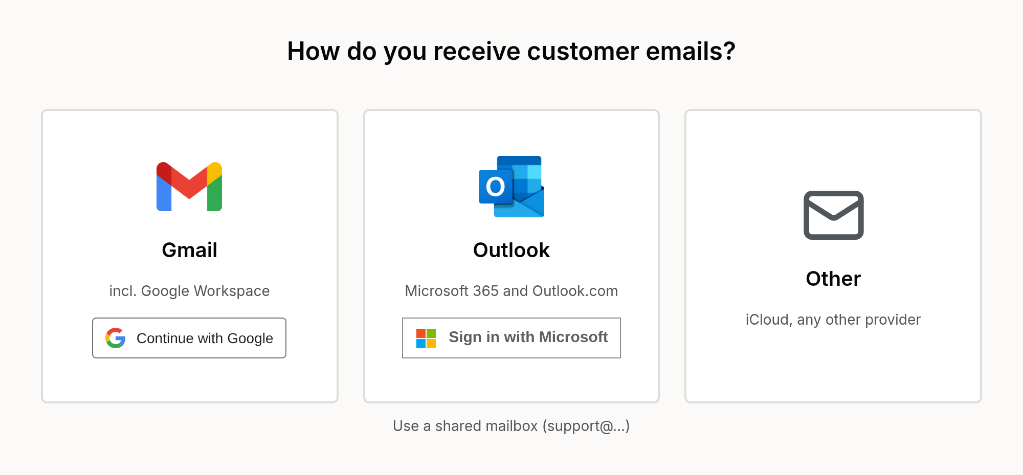 The email channel setup screen with Gmail, Outlook and Other, each with its own sign-in button