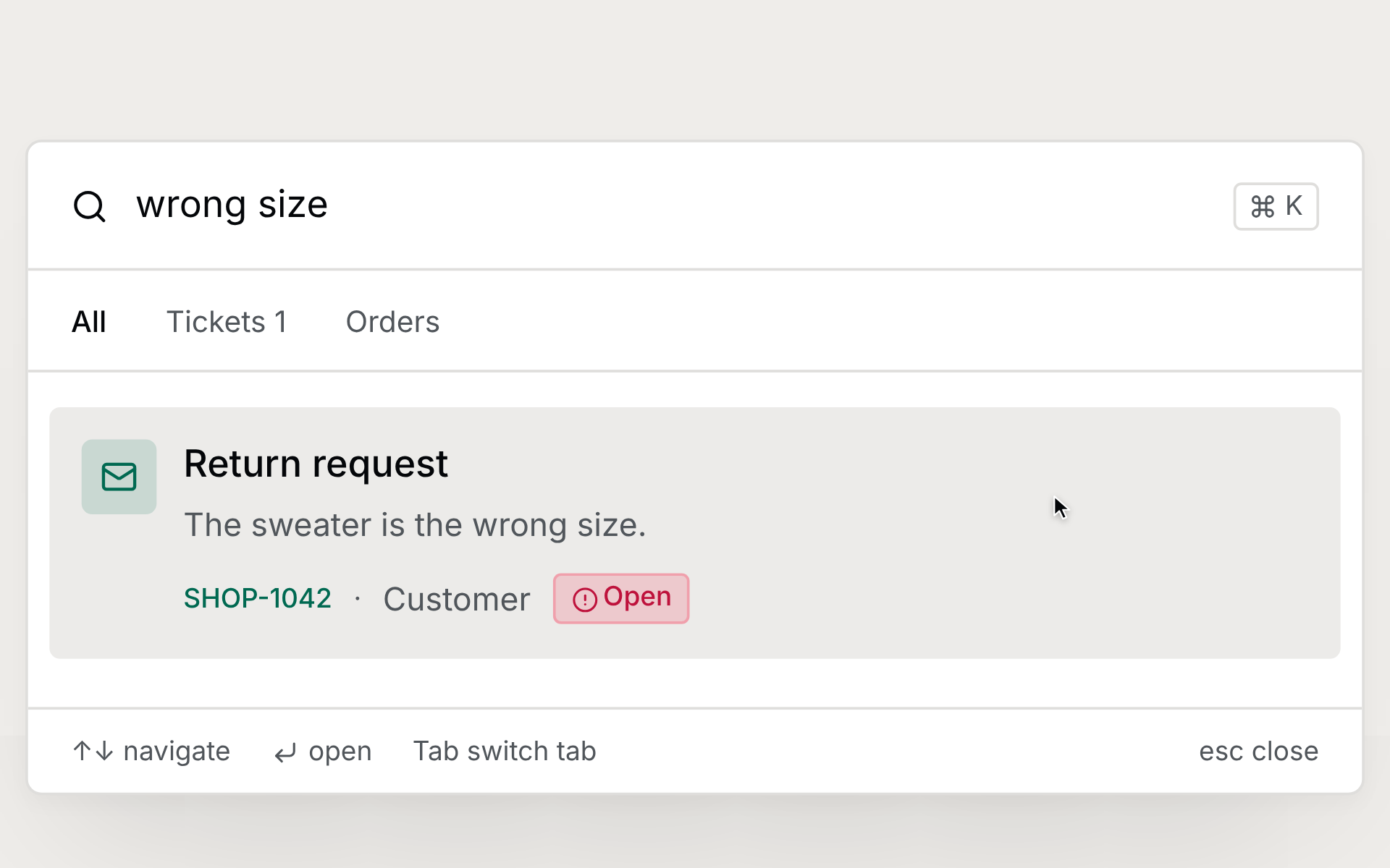 A search for wrong size finds a return request with those words in its message preview
