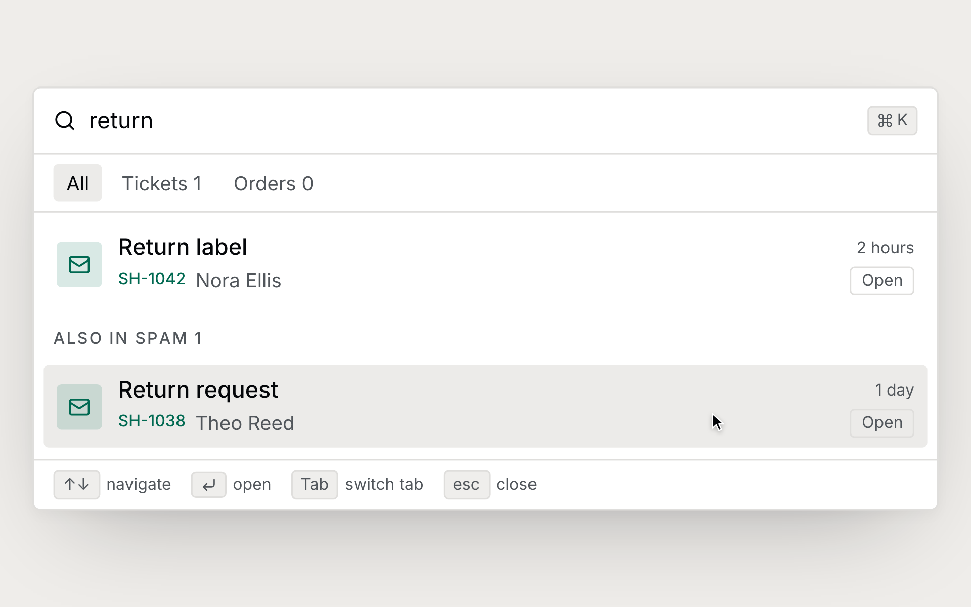 Ticket search with a matching return request revealed under Also in Spam