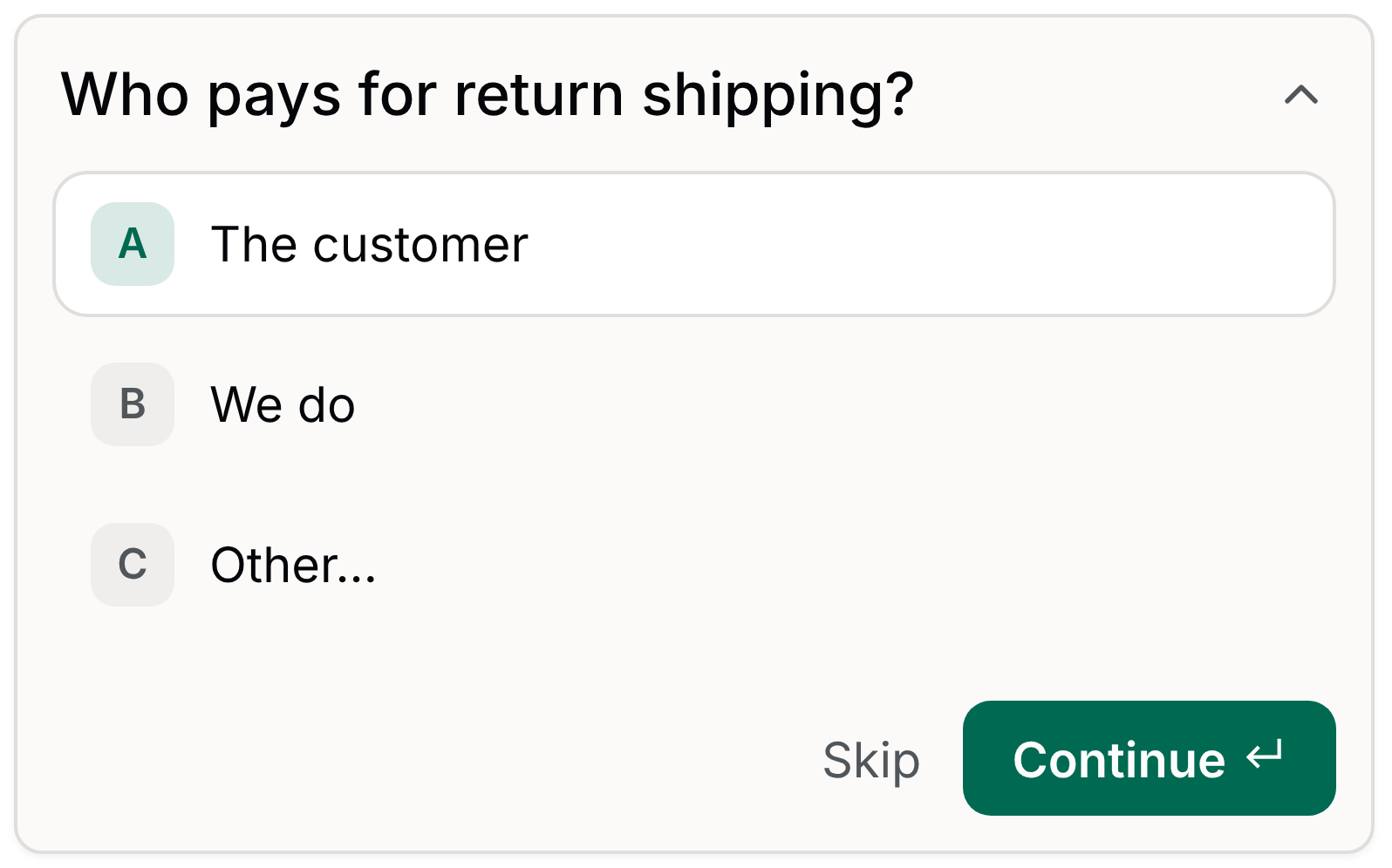 Wilbot asks who pays for return shipping, with The customer selected and Continue ready